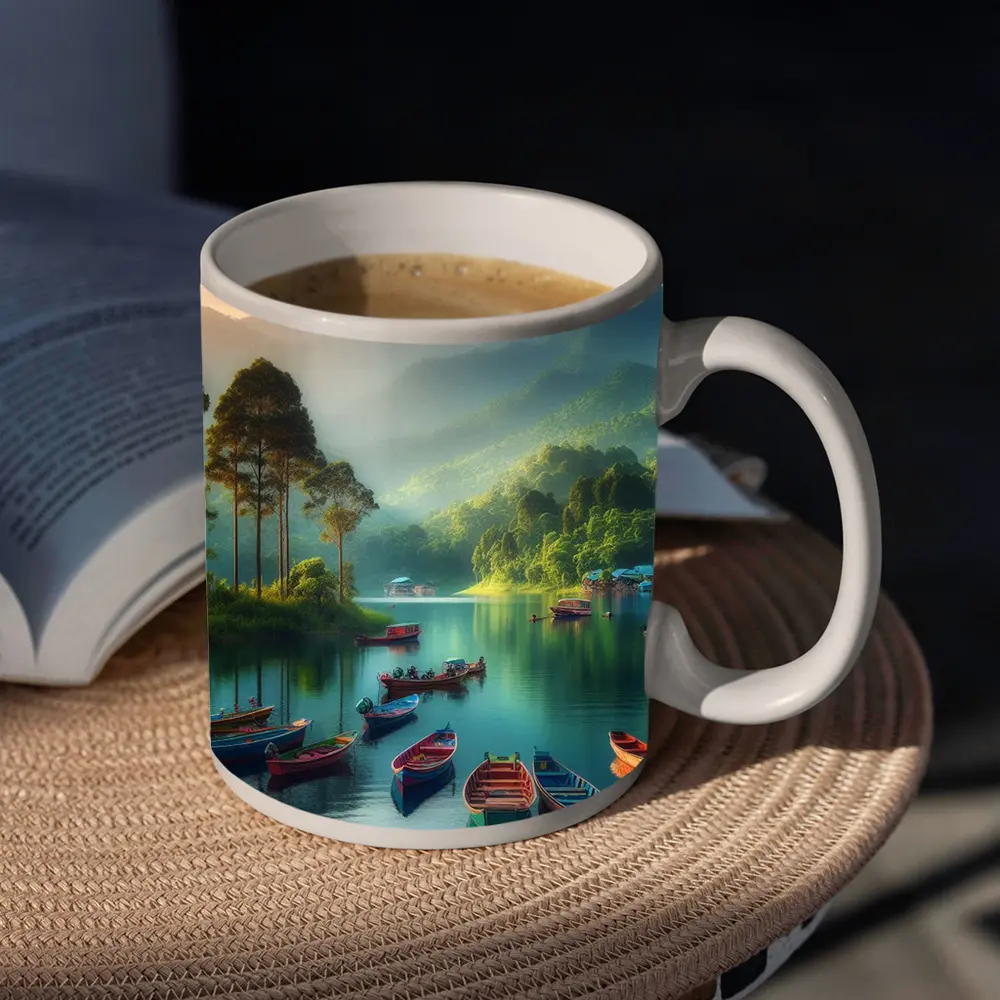 Colorful Boats on Calm Mountain Lake – Mugs