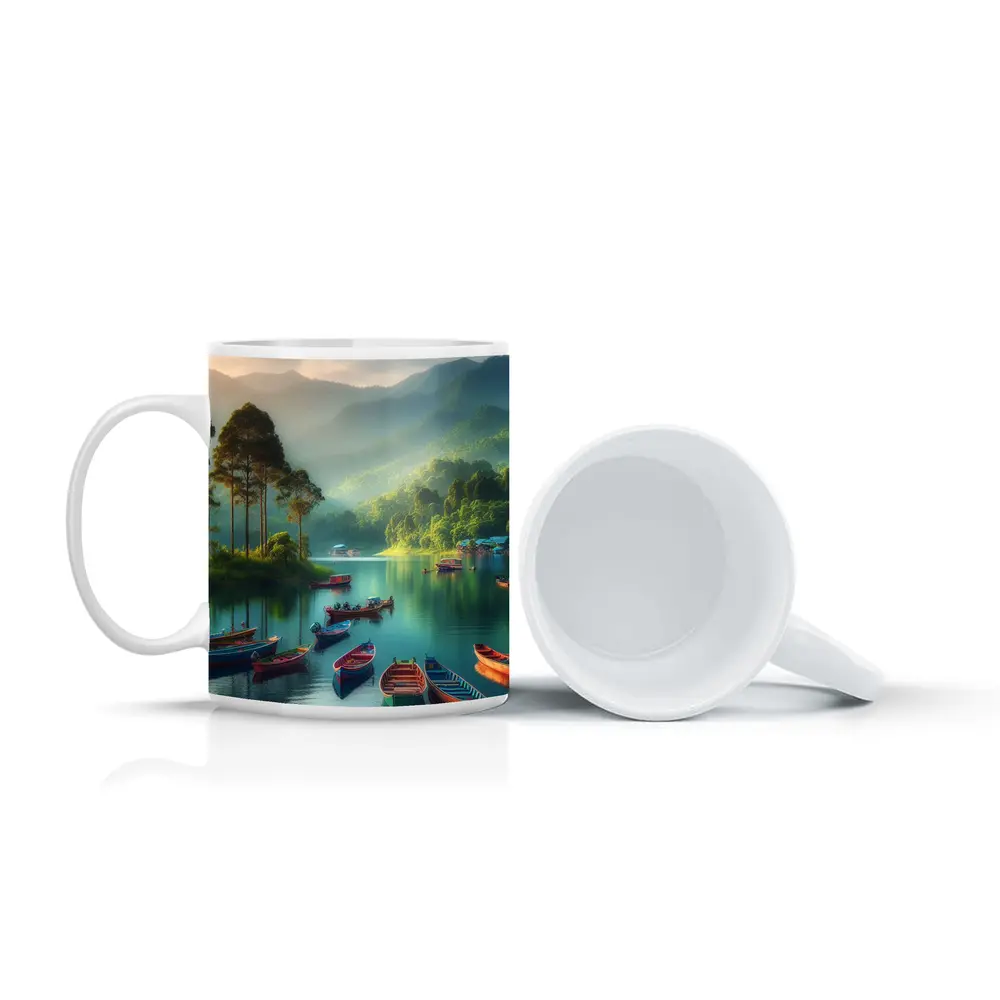 Colorful Boats on Calm Mountain Lake – Mugs