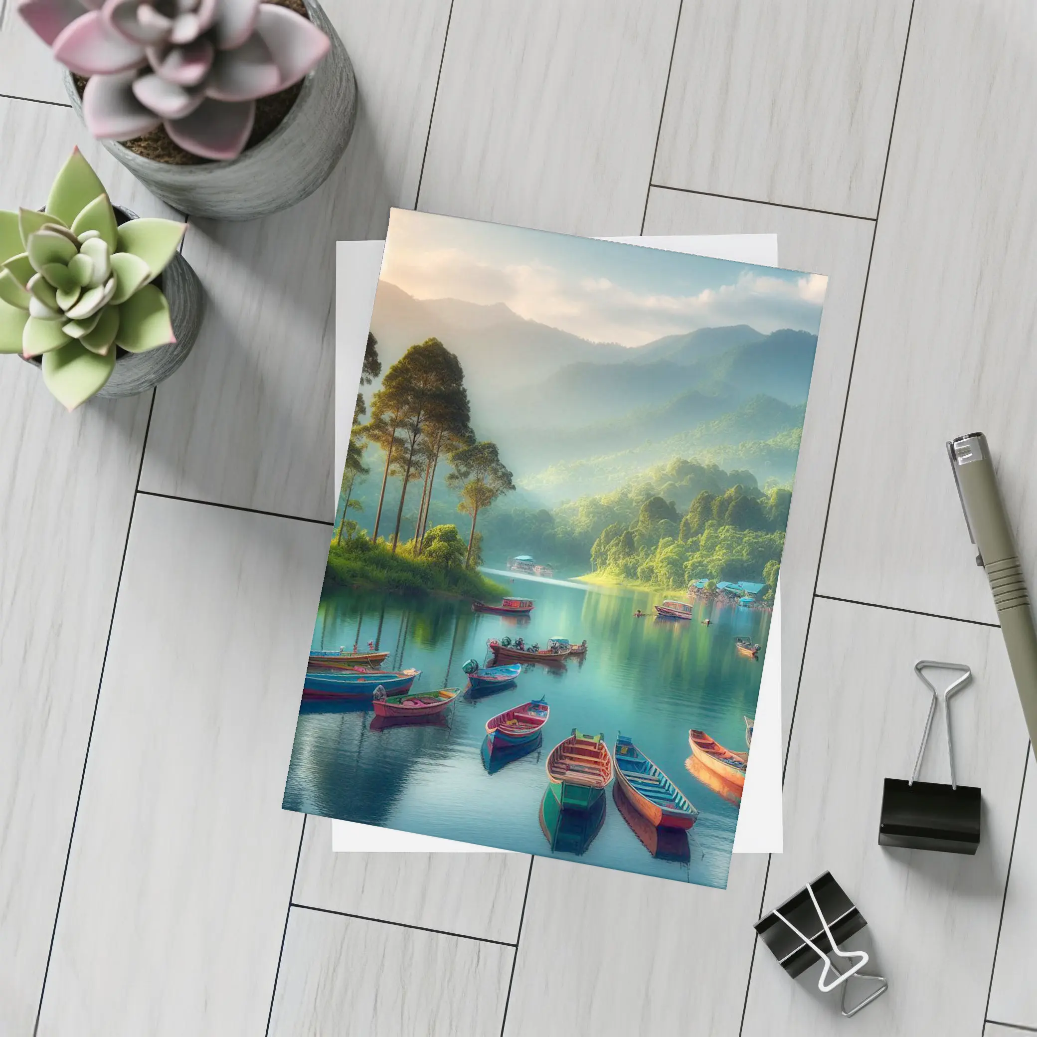 Colorful Boats on Calm Mountain Lake – Postcards