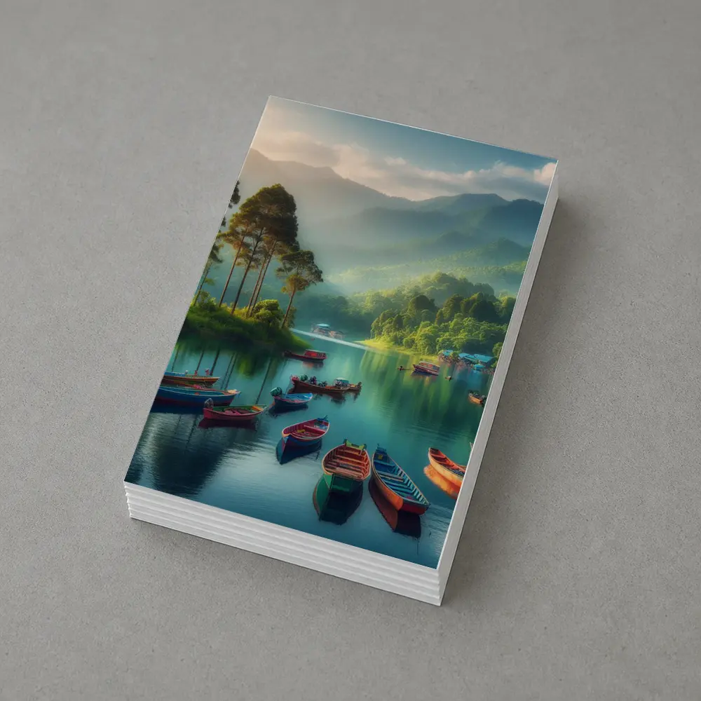Colorful Boats on Calm Mountain Lake – Postcards