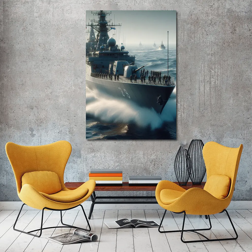 Navy Warship Fleet Sailing Rough Ocean Waves – Wall Art