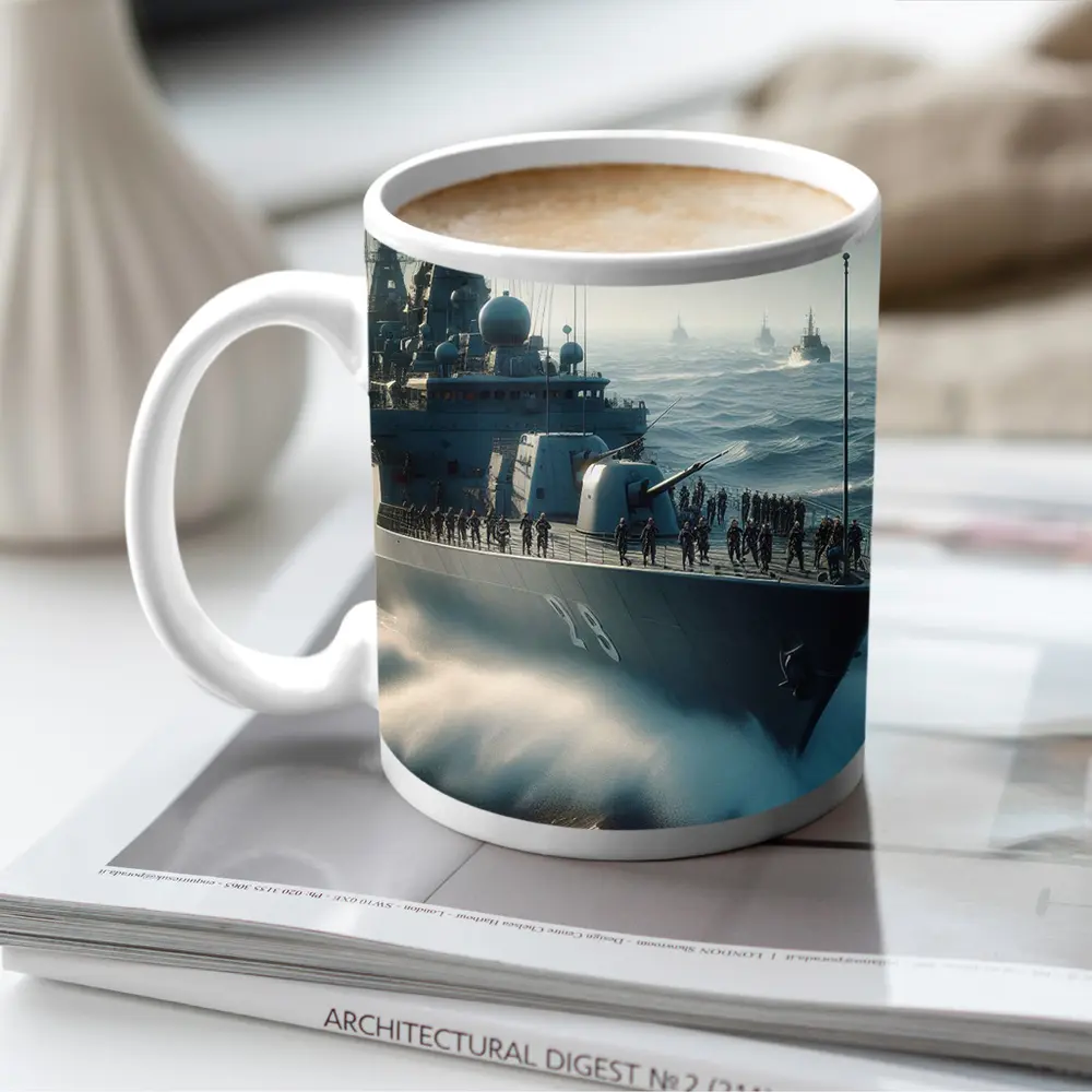 Navy Warship Fleet Sailing Rough Ocean Waves – Mugs