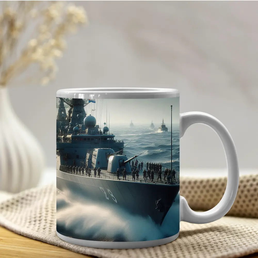 Navy Warship Fleet Sailing Rough Ocean Waves – Mugs