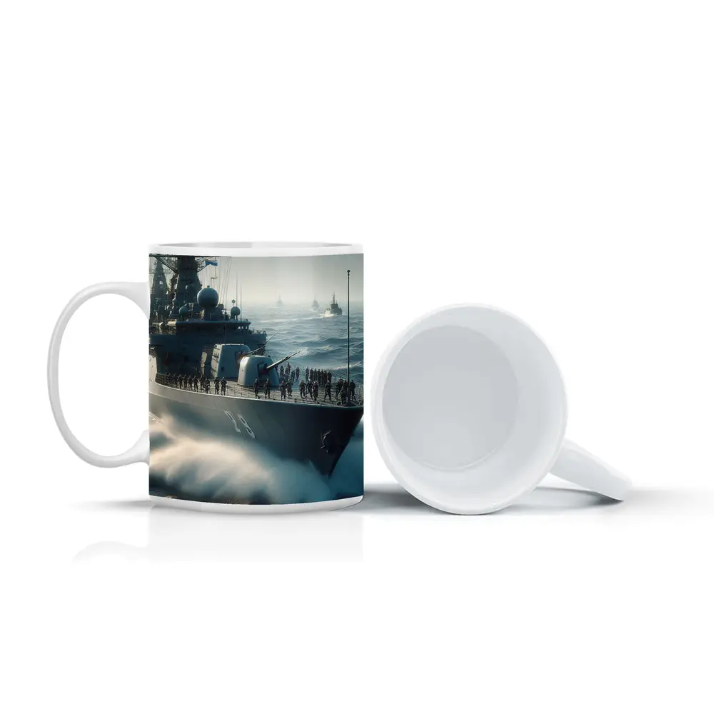 Navy Warship Fleet Sailing Rough Ocean Waves – Mugs