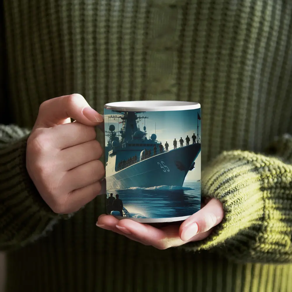 Navy Warship at Sea with Sailors – Mugs