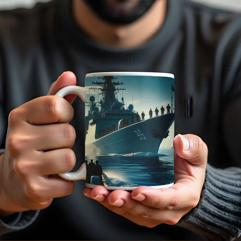 Navy Warship at Sea with Sailors – Mugs