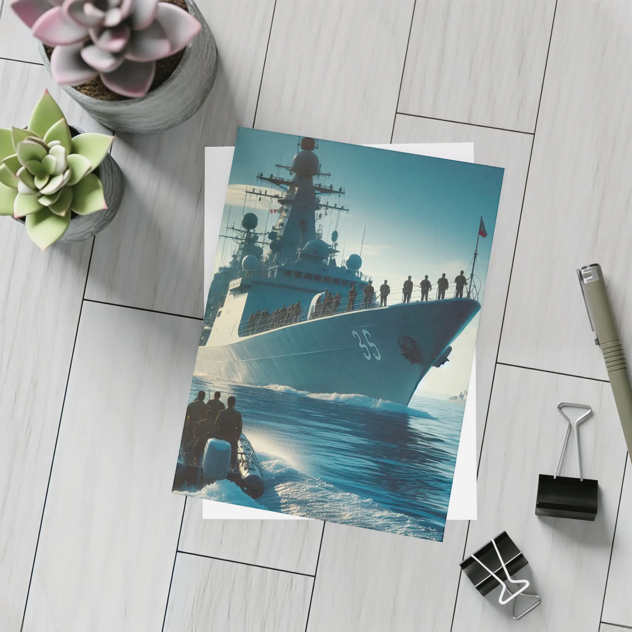 Navy Warship at Sea with Sailors – Postcards