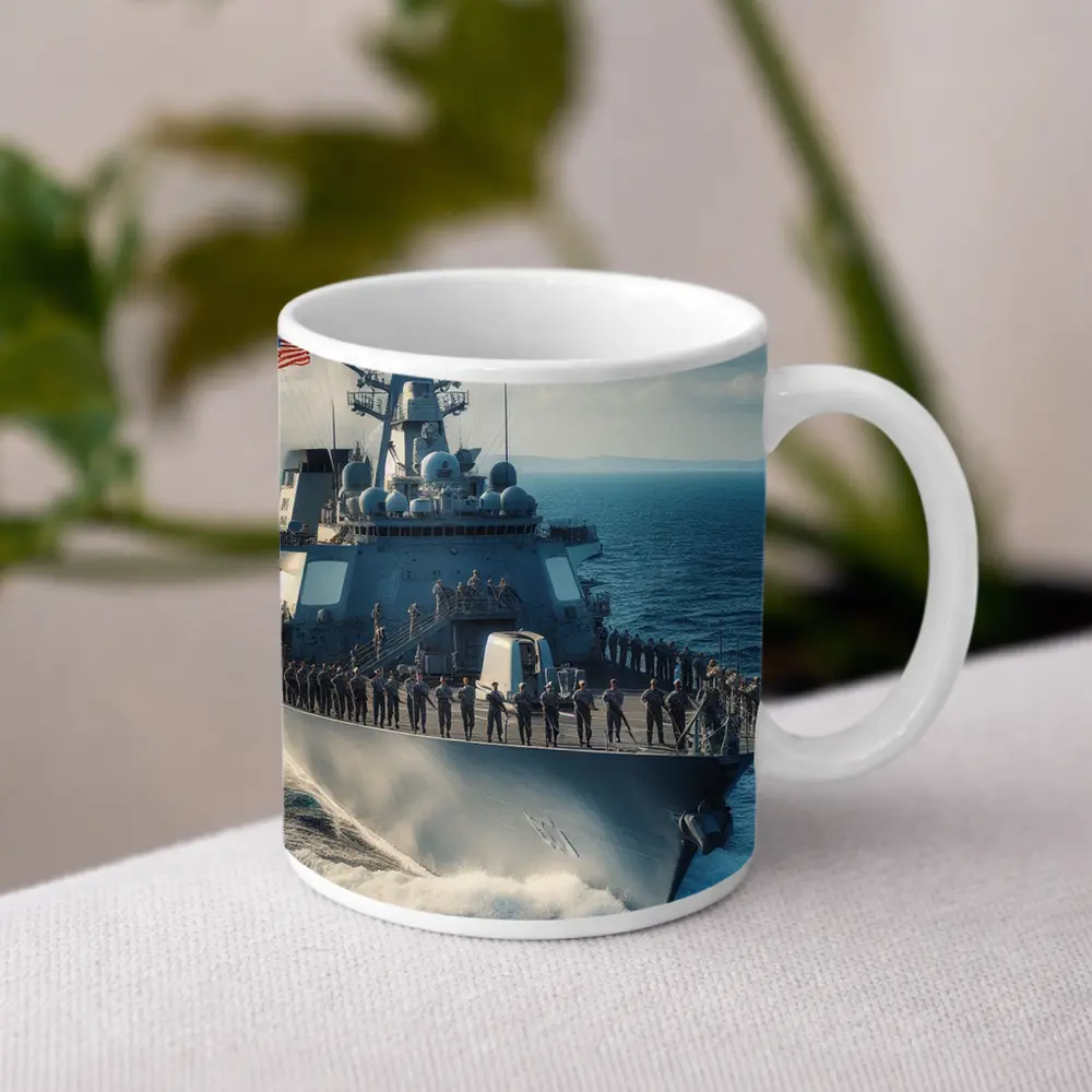 US Navy Destroyer Warship Sailing Open Ocean – Mugs