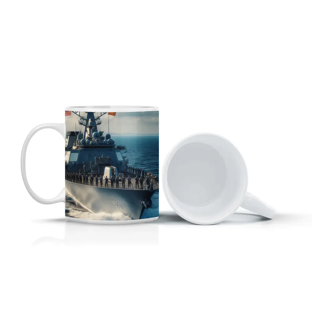 US Navy Destroyer Warship Sailing Open Ocean – Mugs