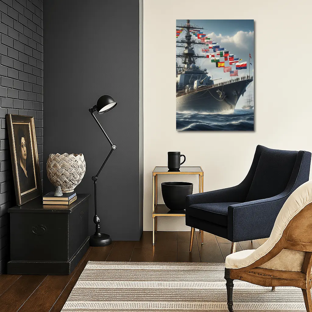 Navy Warship Sailing Ocean With International Flags – Wall Art