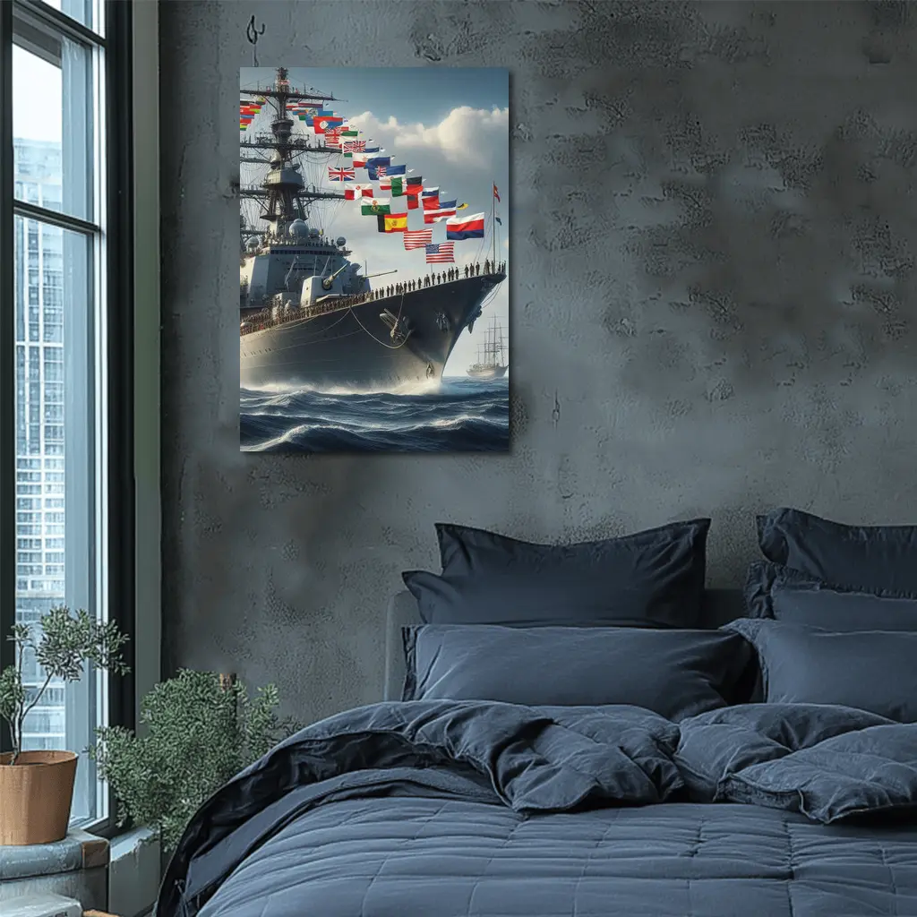 Navy Warship Sailing Ocean With International Flags – Wall Art