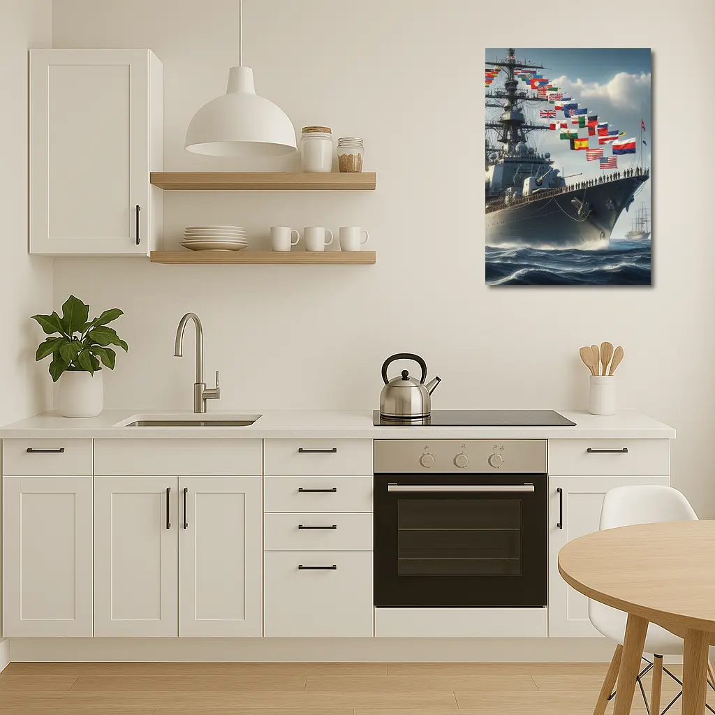 Navy Warship Sailing Ocean With International Flags – Wall Art