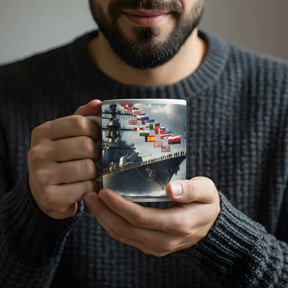 Navy Warship Sailing Ocean With International Flags – Mugs