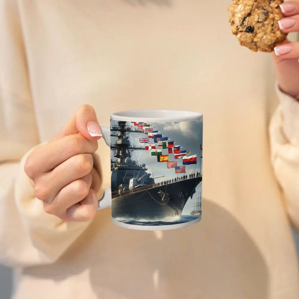 Navy Warship Sailing Ocean With International Flags – Mugs