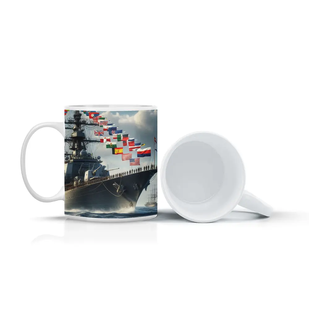 Navy Warship Sailing Ocean With International Flags – Mugs