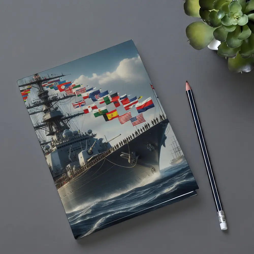 Navy Warship Sailing Ocean With International Flags – Notebooks