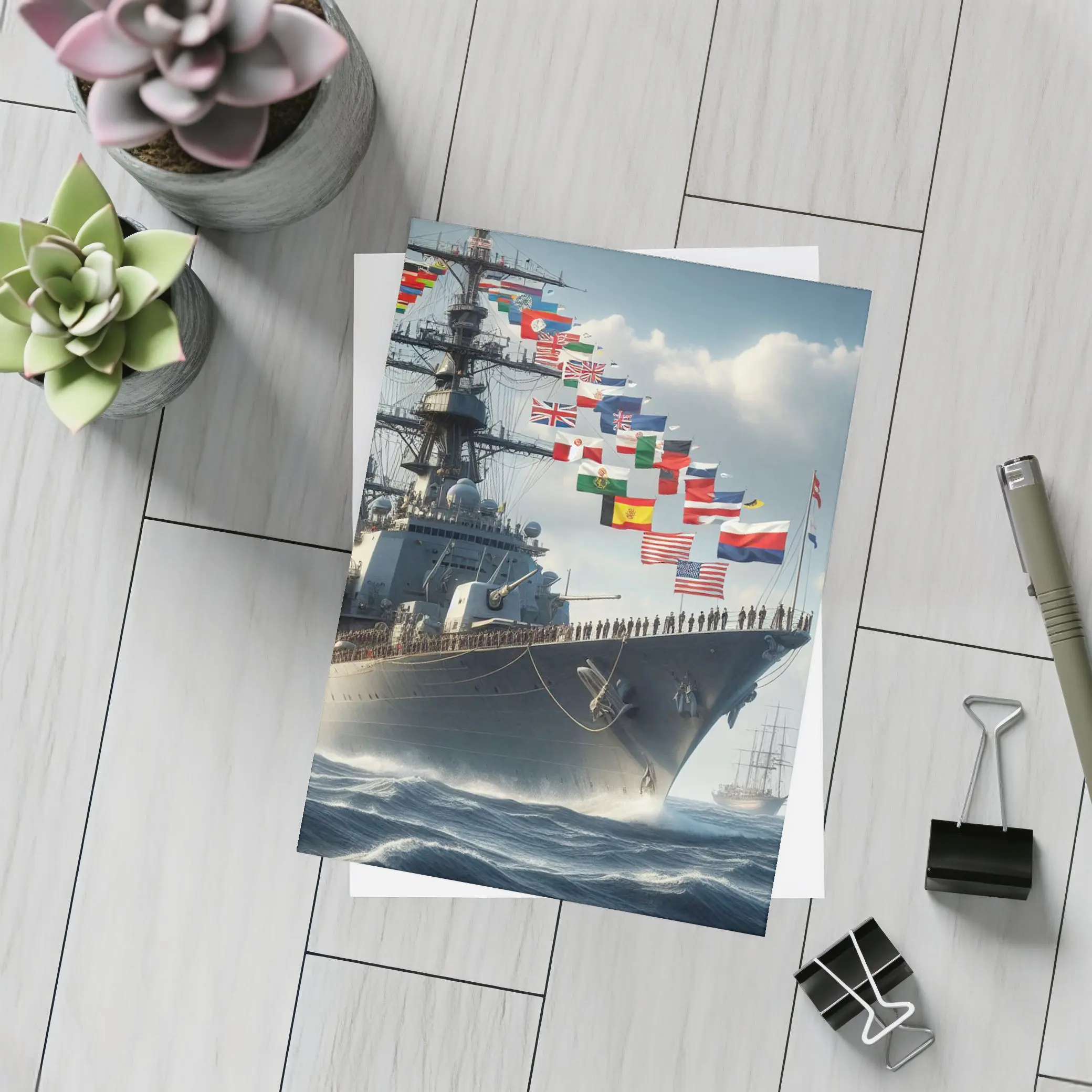 Navy Warship Sailing Ocean With International Flags – Postcards
