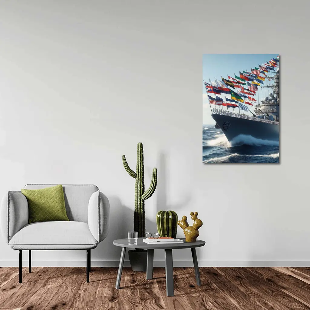 Navy Warship Sailing With International Flags – Wall Art