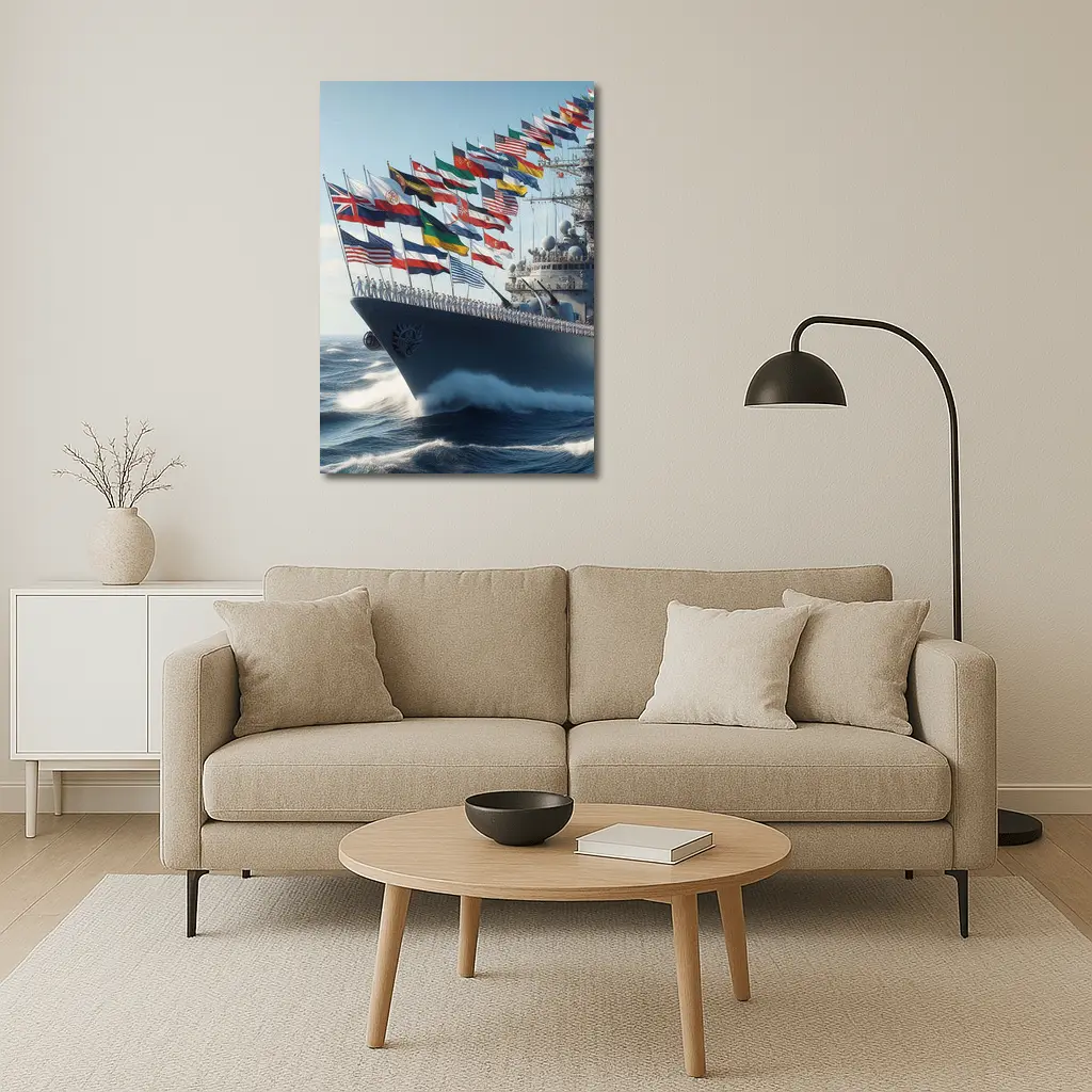 Navy Warship Sailing With International Flags – Wall Art