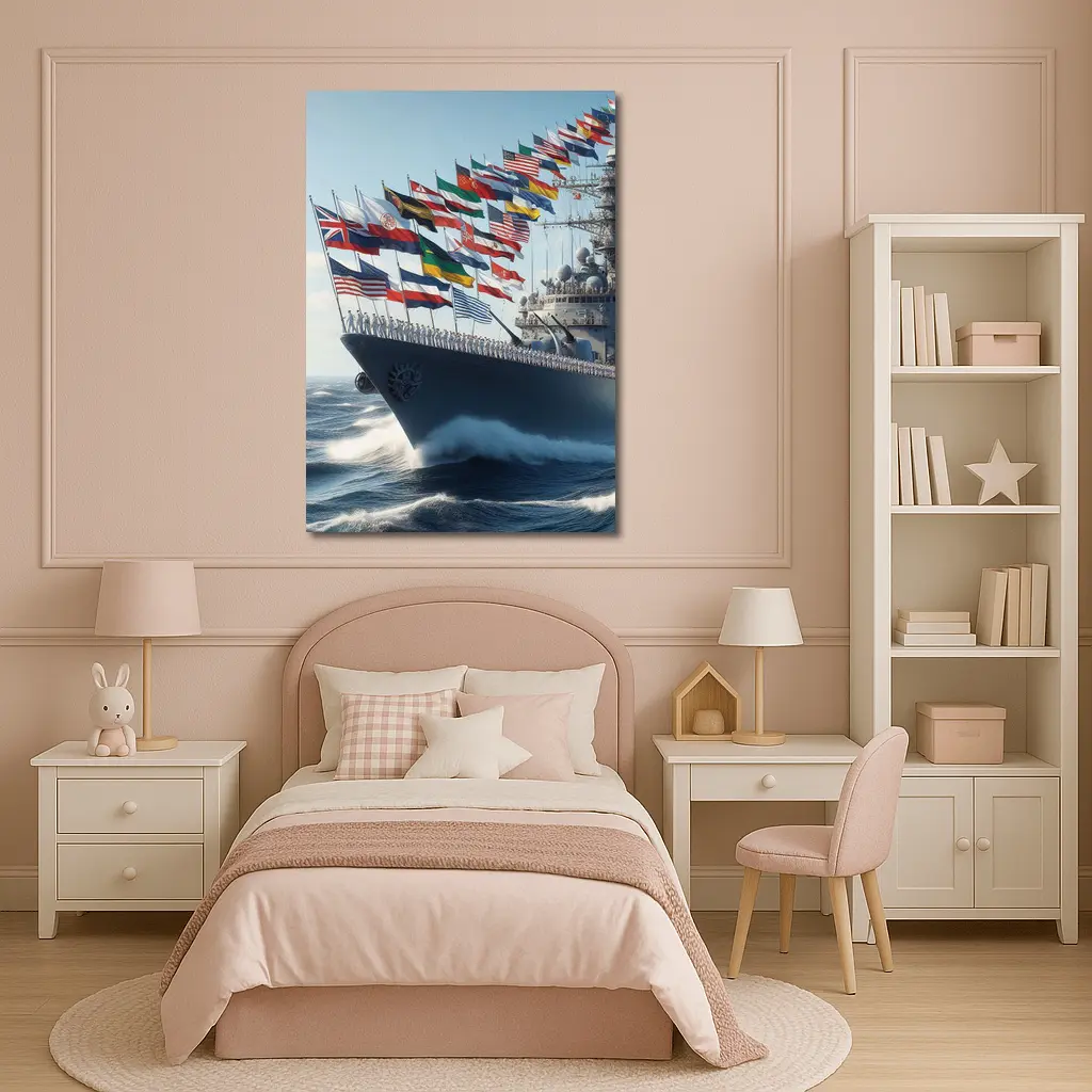 Navy Warship Sailing With International Flags – Wall Art