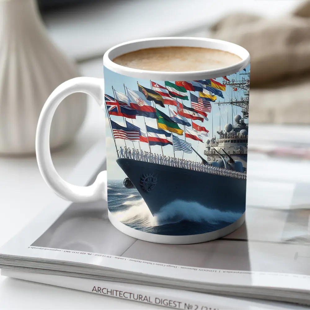 Navy Warship Sailing With International Flags – Mugs