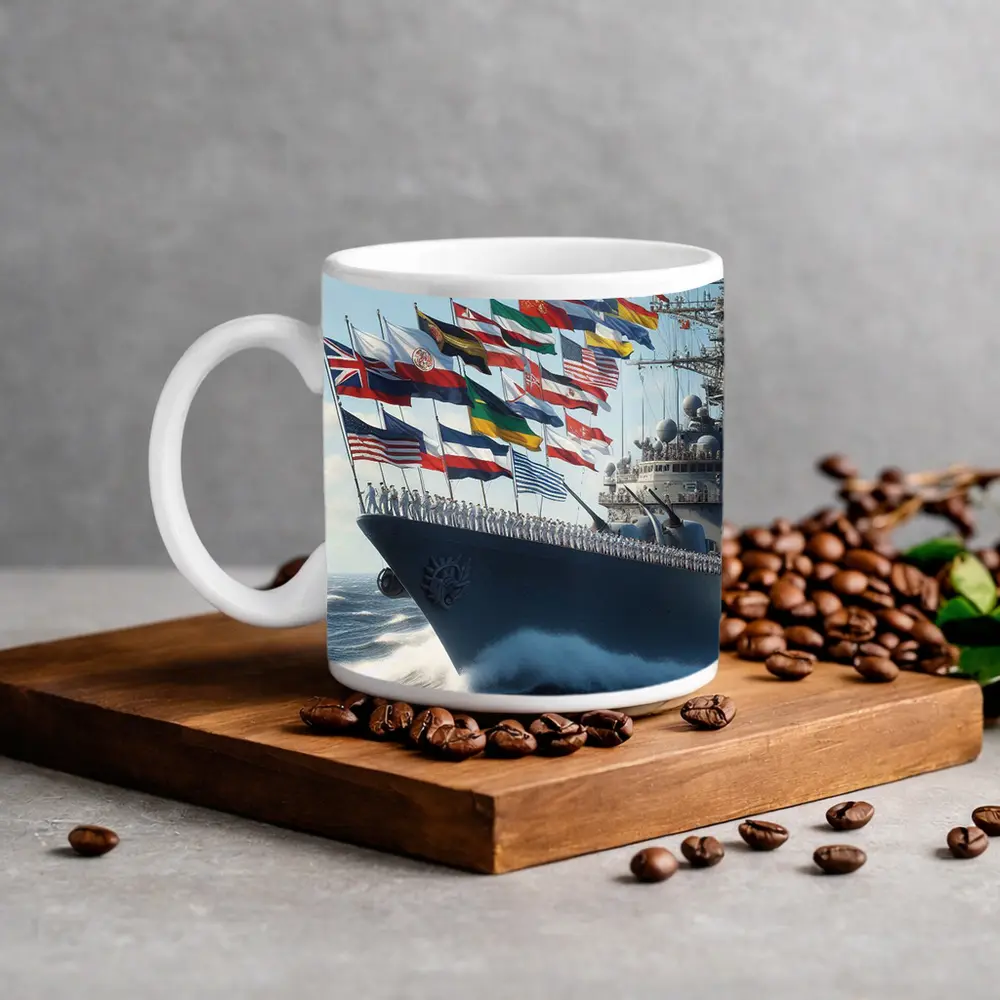 Navy Warship Sailing With International Flags – Mugs