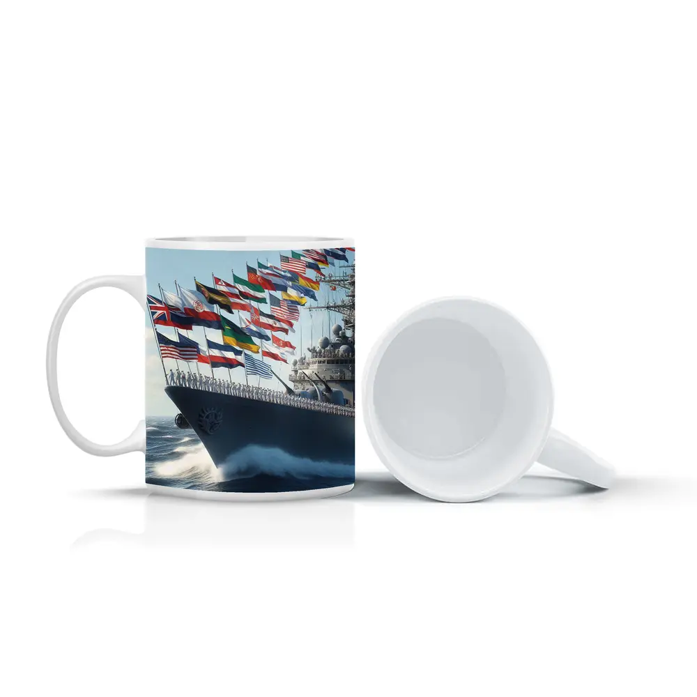 Navy Warship Sailing With International Flags – Mugs