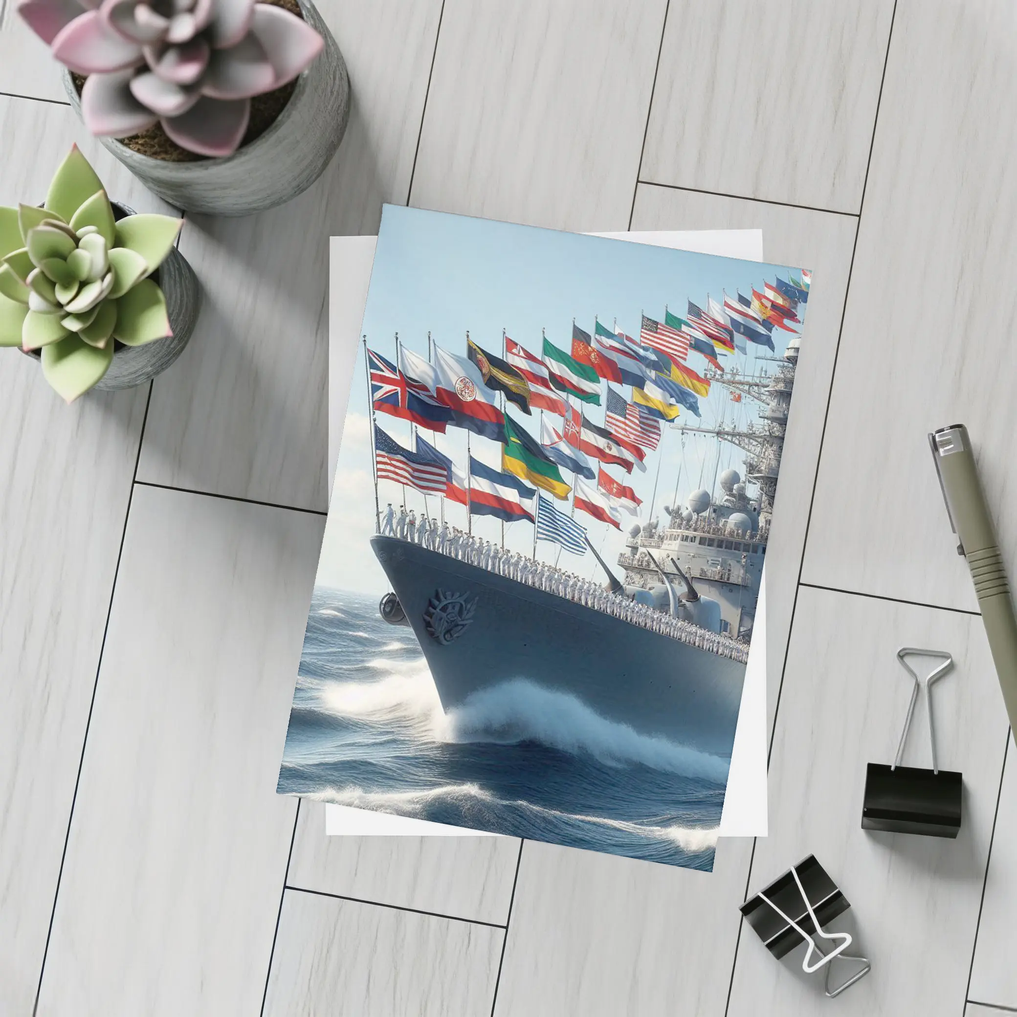 Navy Warship Sailing With International Flags – Postcards
