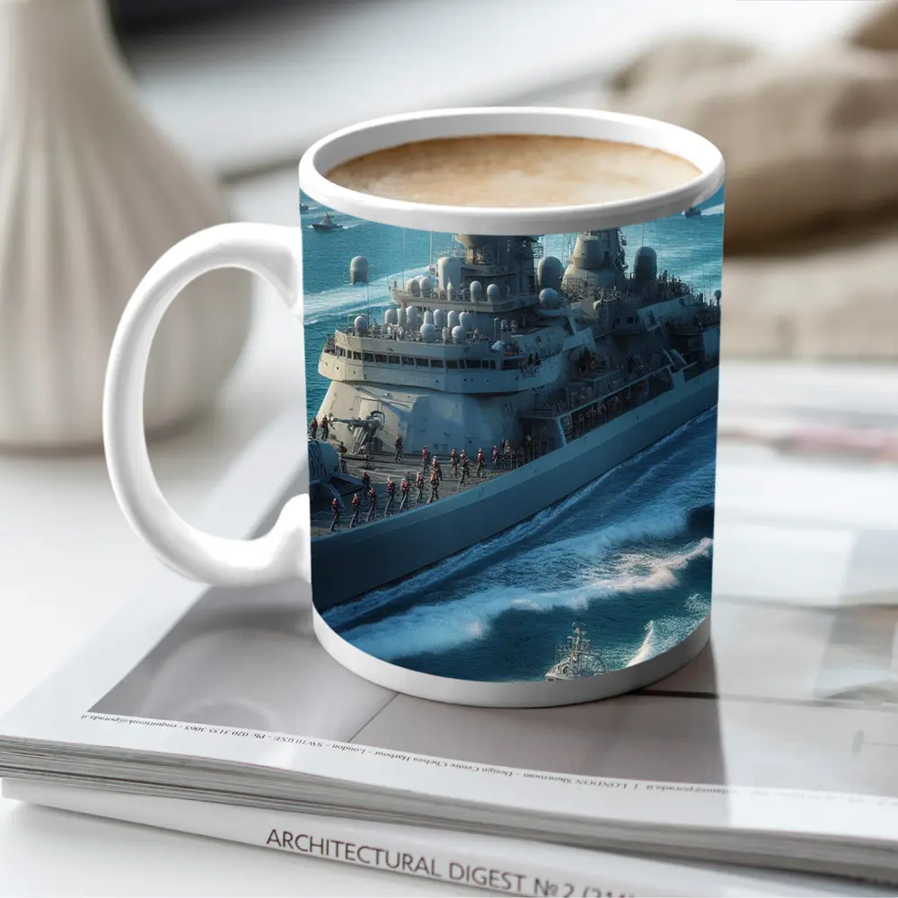 Navy Warship Sailing Blue Ocean Waters – Mugs