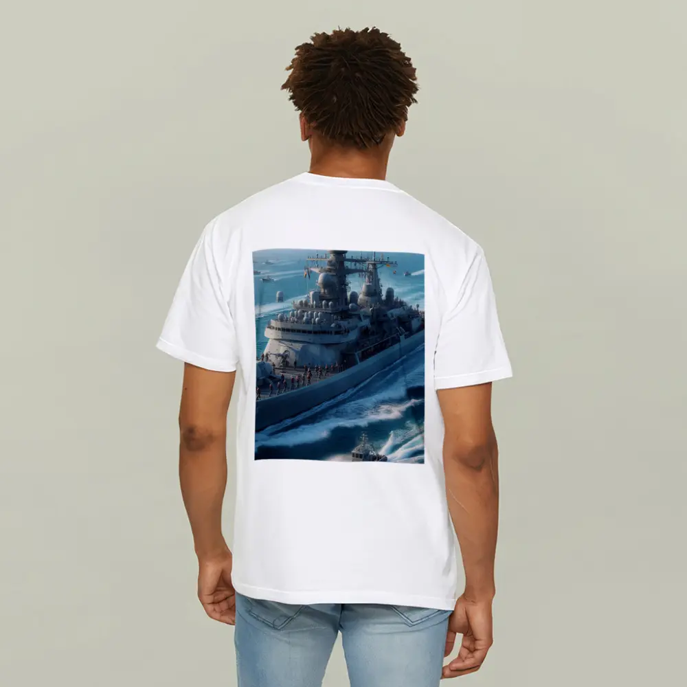 Navy Warship Sailing Blue Ocean Waters – T-Shirts