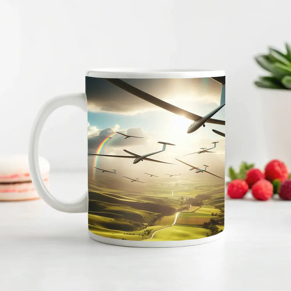 Gliders Soaring Over Green Rolling Hills – Mugs
