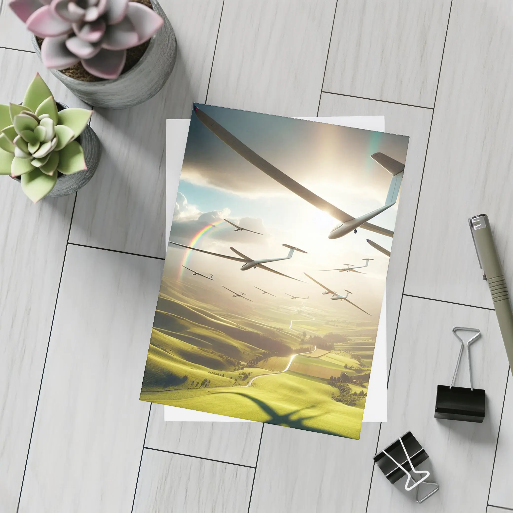 Gliders Soaring Over Green Rolling Hills – Postcards