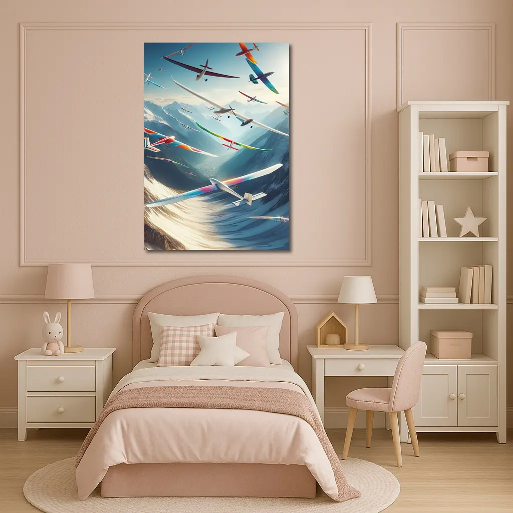 Colorful Gliders Soaring Over Snowy Mountains – Wall Art