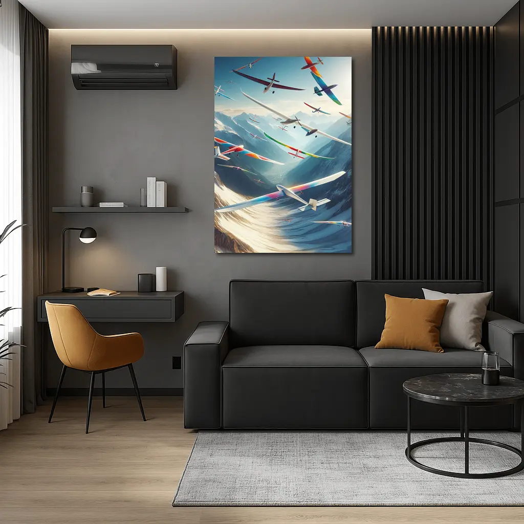 Colorful Gliders Soaring Over Snowy Mountains – Wall Art