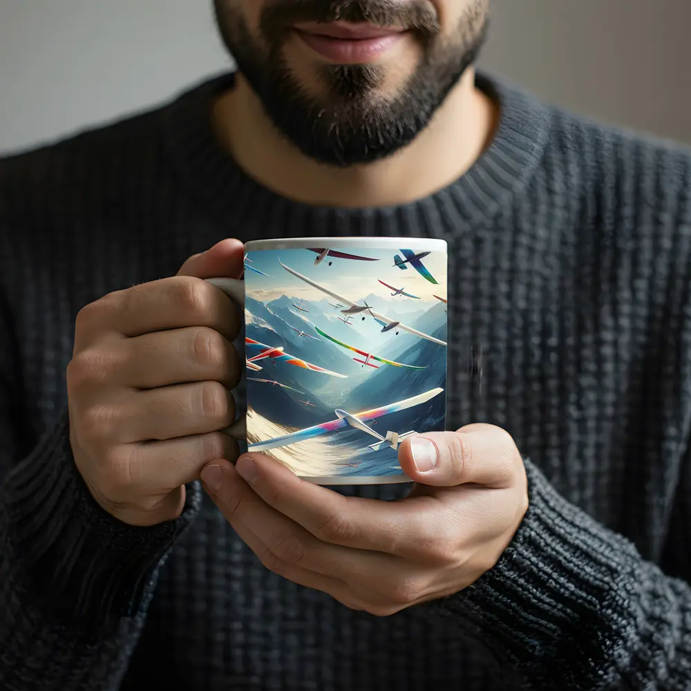 Colorful Gliders Soaring Over Snowy Mountains – Mugs
