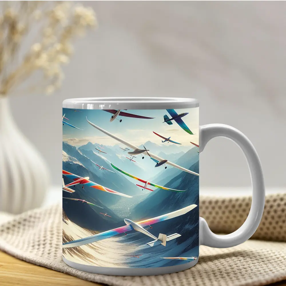 Colorful Gliders Soaring Over Snowy Mountains – Mugs