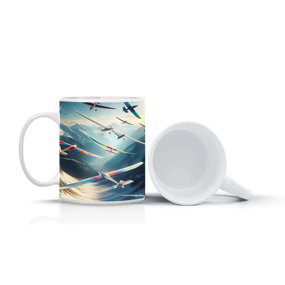 Colorful Gliders Soaring Over Snowy Mountains – Mugs