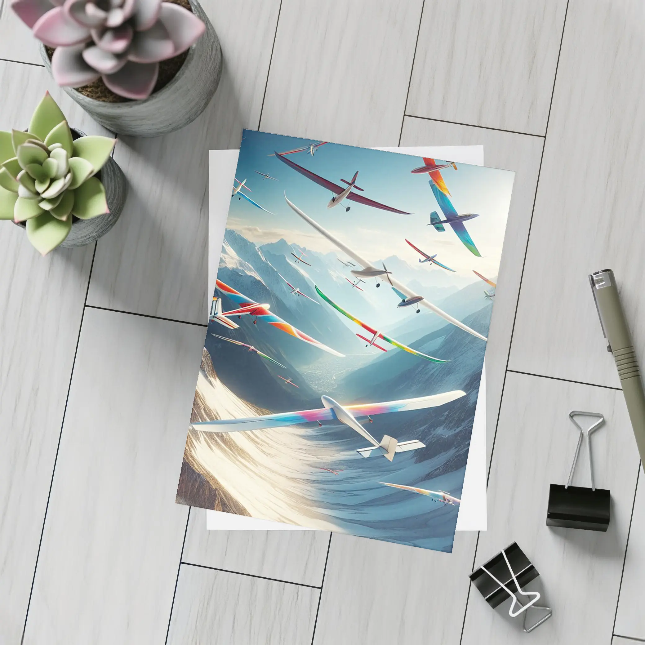 Colorful Gliders Soaring Over Snowy Mountains – Postcards