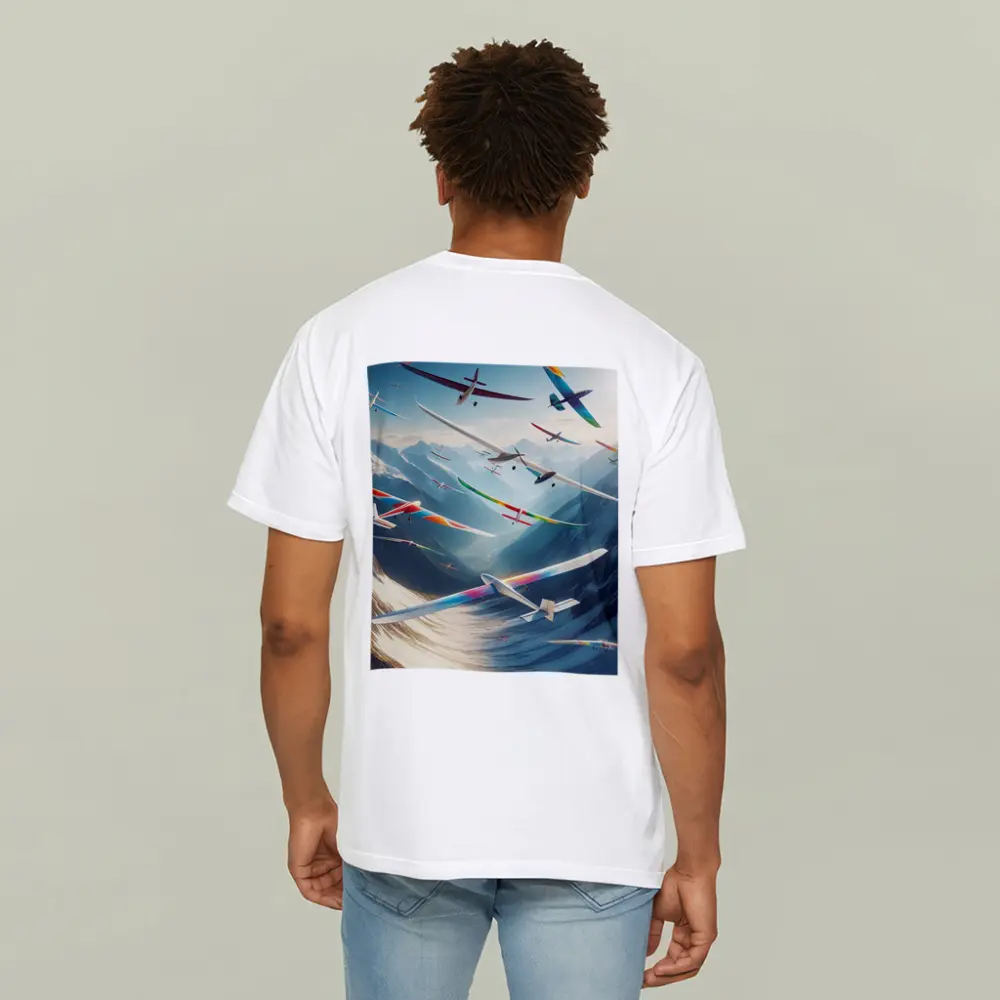 Colorful Gliders Soaring Over Snowy Mountains – T-Shirts