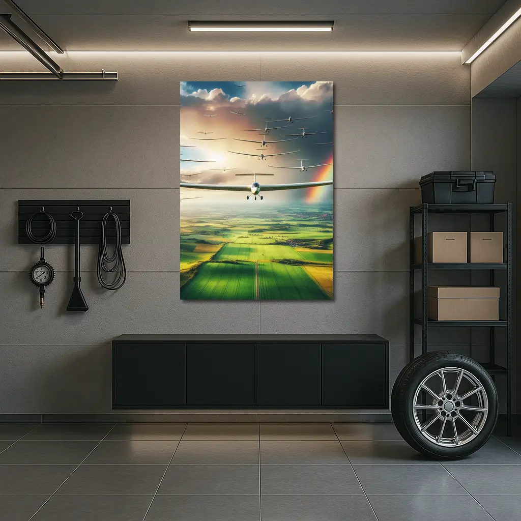 Gliders Flying Over Green Fields Rainbow – Wall Art