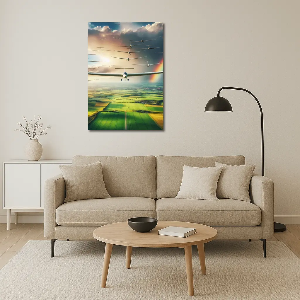 Gliders Flying Over Green Fields Rainbow – Wall Art