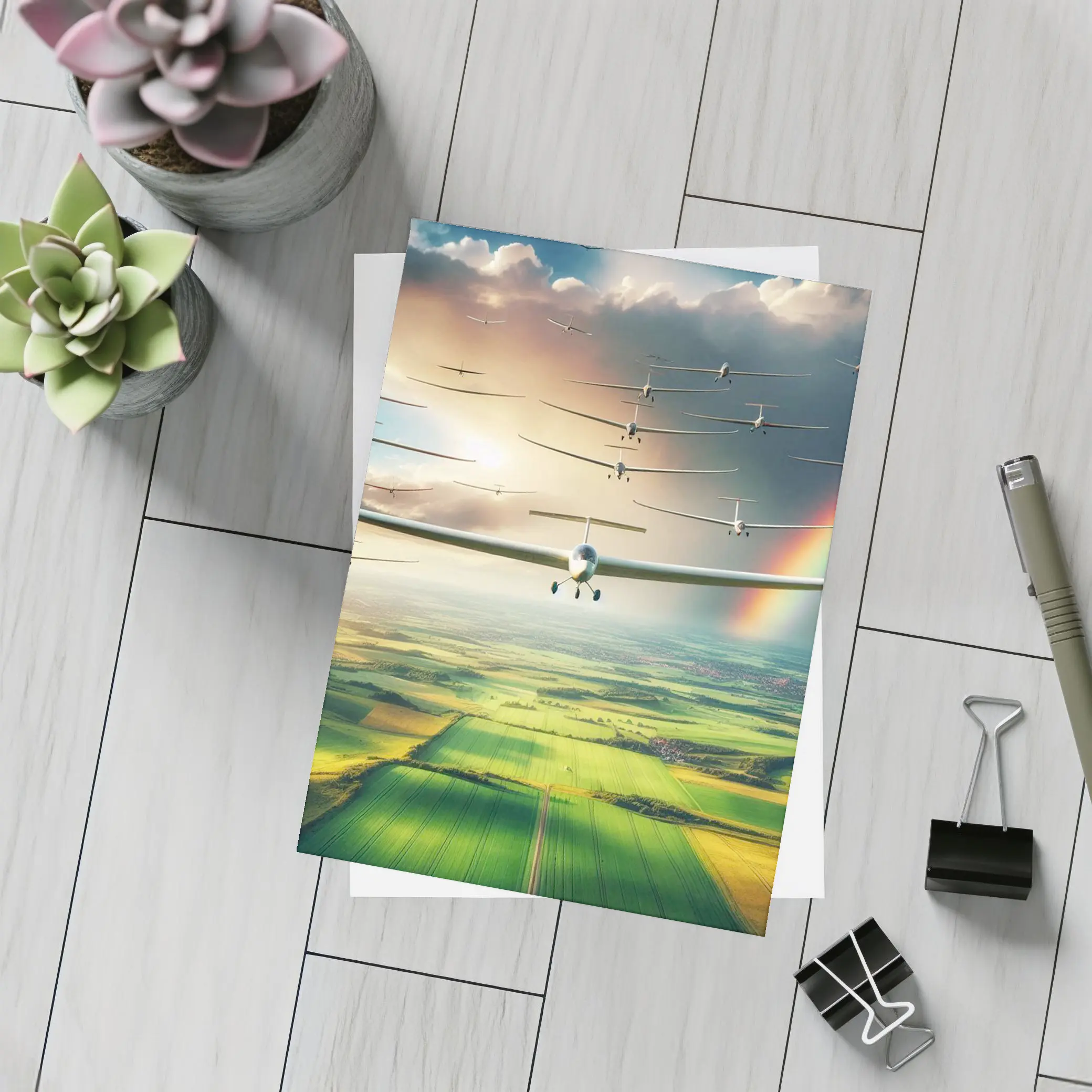Gliders Flying Over Green Fields Rainbow – Postcards