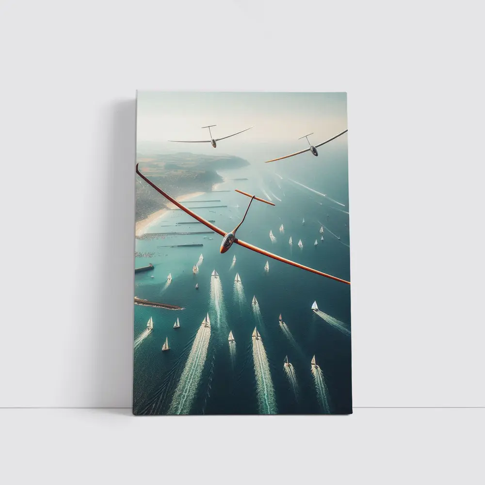 Gliders Soaring Over Coastal Sailboat Race – Wall Art