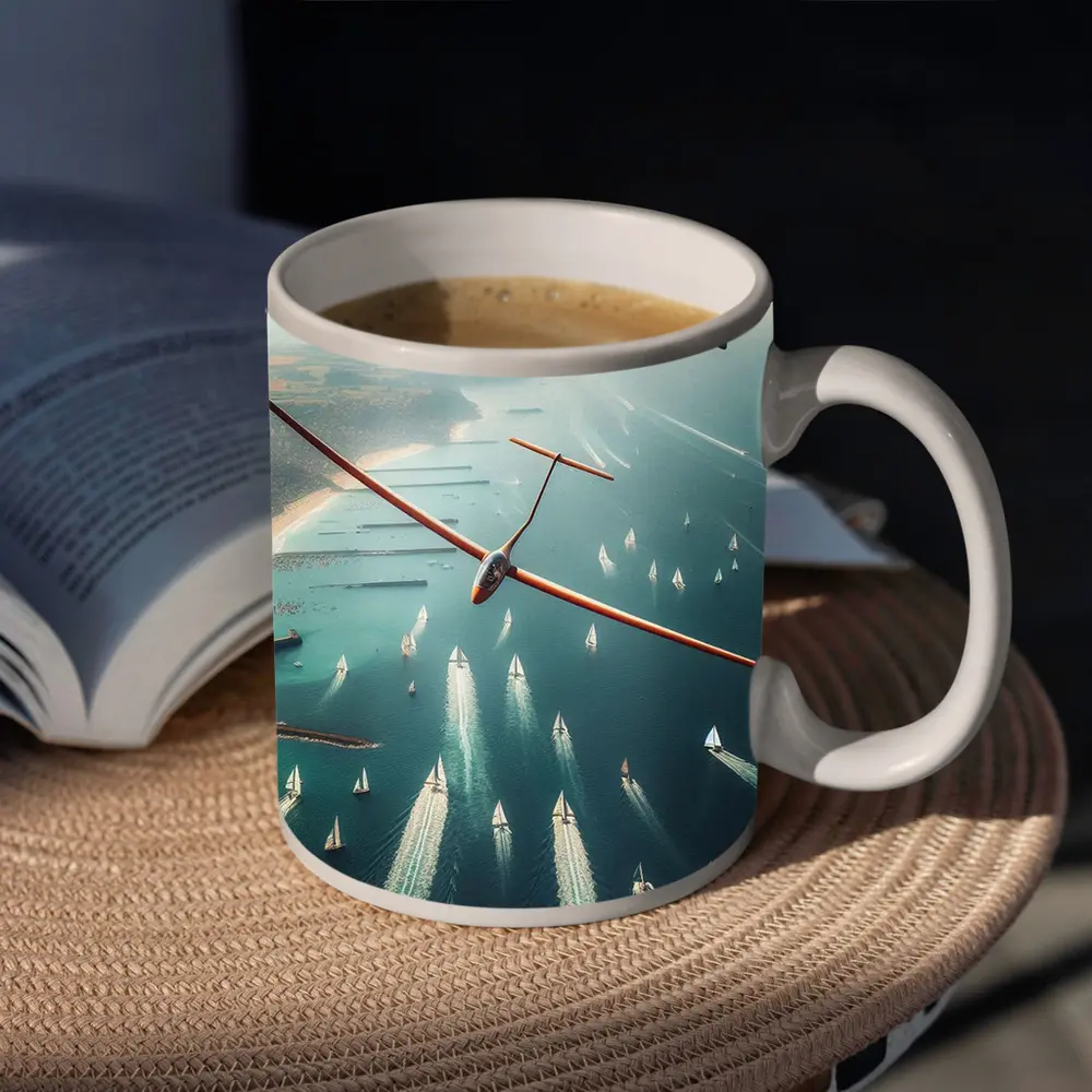 Gliders Soaring Over Coastal Sailboat Race – Mugs