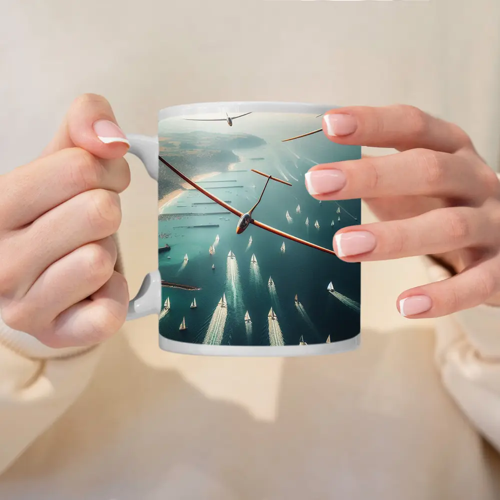 Gliders Soaring Over Coastal Sailboat Race – Mugs