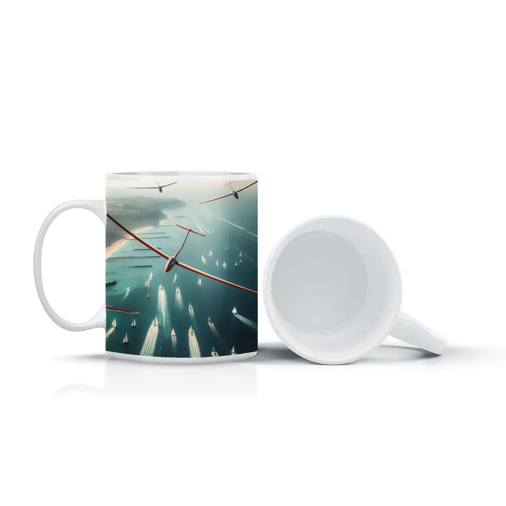 Gliders Soaring Over Coastal Sailboat Race – Mugs