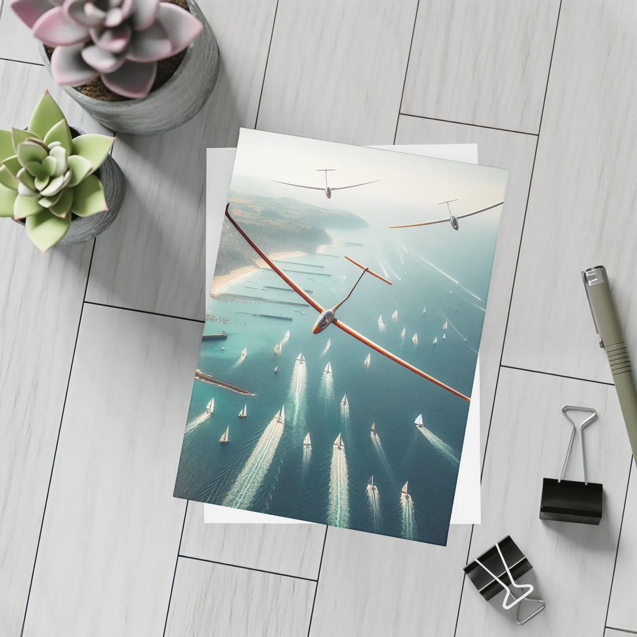 Gliders Soaring Over Coastal Sailboat Race – Postcards