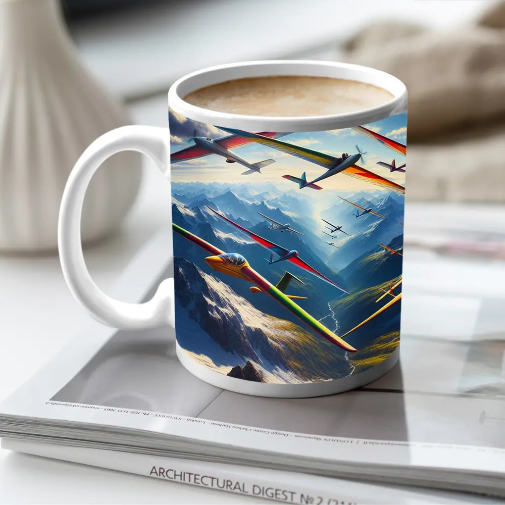 Gliders Soaring Over Snowy Mountain Peaks – Mugs
