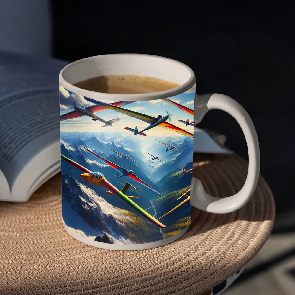 Gliders Soaring Over Snowy Mountain Peaks – Mugs