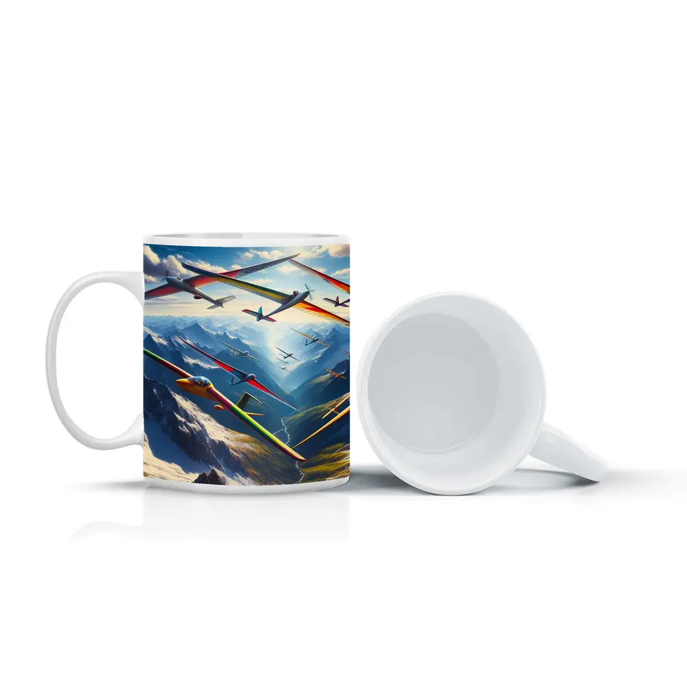 Gliders Soaring Over Snowy Mountain Peaks – Mugs